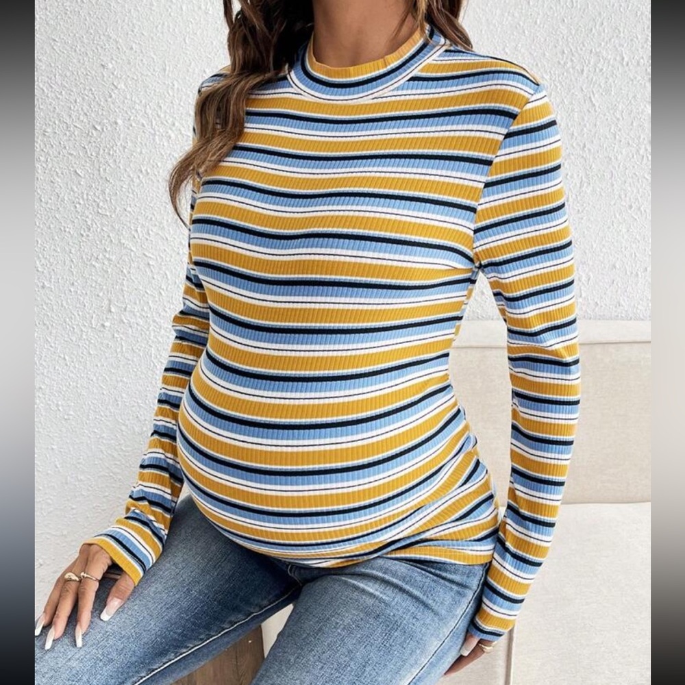 SHEIN Maternity Casual Daily Striped Fitted Long Sleeve T-Shirt, Autumn